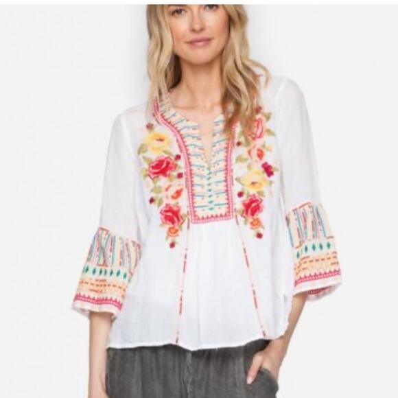 Beachlunchlounge | Boho Embroidered Floral Top Bell Sleeve White Small NWT - Picture 1 of 7
